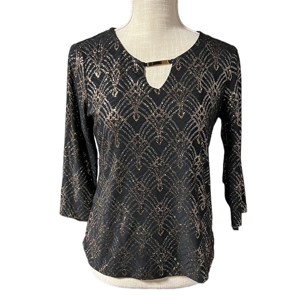 JM Collection Long Sleeve Blouse Shirt Sweater Black Gold Glitter Womens PS P S